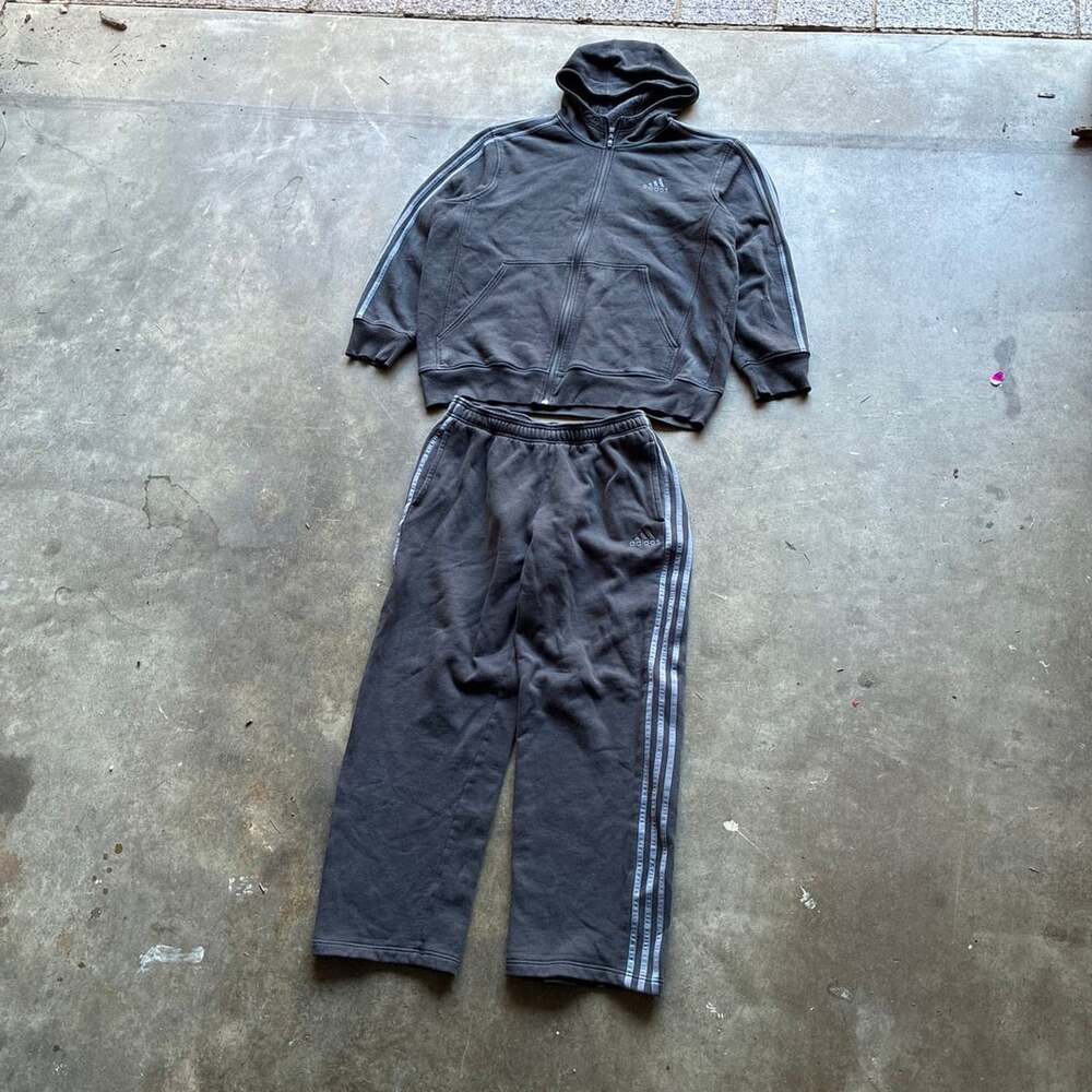 Y2K Adidas Tracksuit Size XL Black Zip Hoodie And Sweatpants